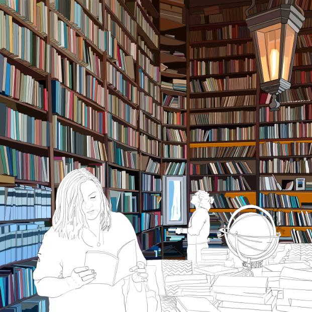 Persoonlijk kunstwerk van tuturtles. Boekenwinkel op Cyprus. Digitale tekening
