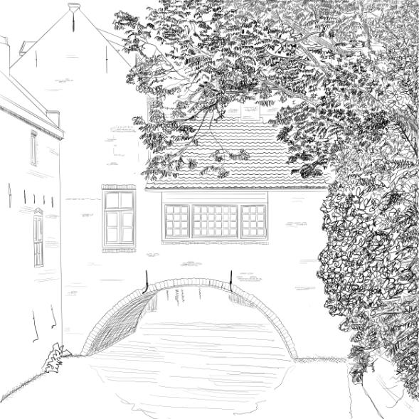 Digitale zwart-wit pentekening. Bosch stadsgezicht. Persoonlijke kunstcollectie