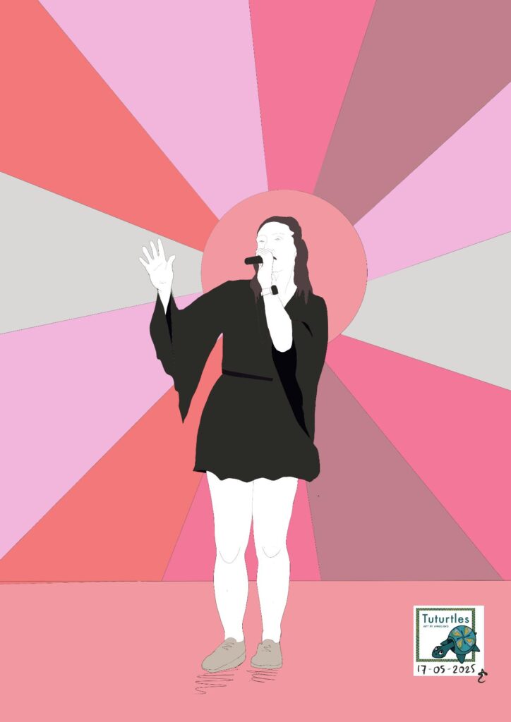 Kleurrijke illustratie. Zangeres tegen roze achtergrond. Persoonlijk kunstwerk